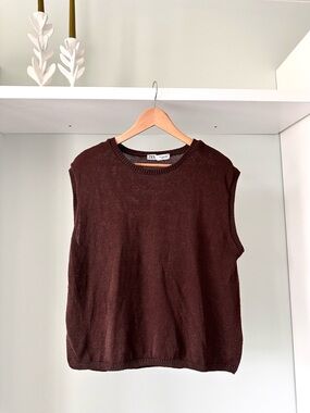 Zara Lightweight Knit Dark Brown Crewneck Sleeveless Sweater
